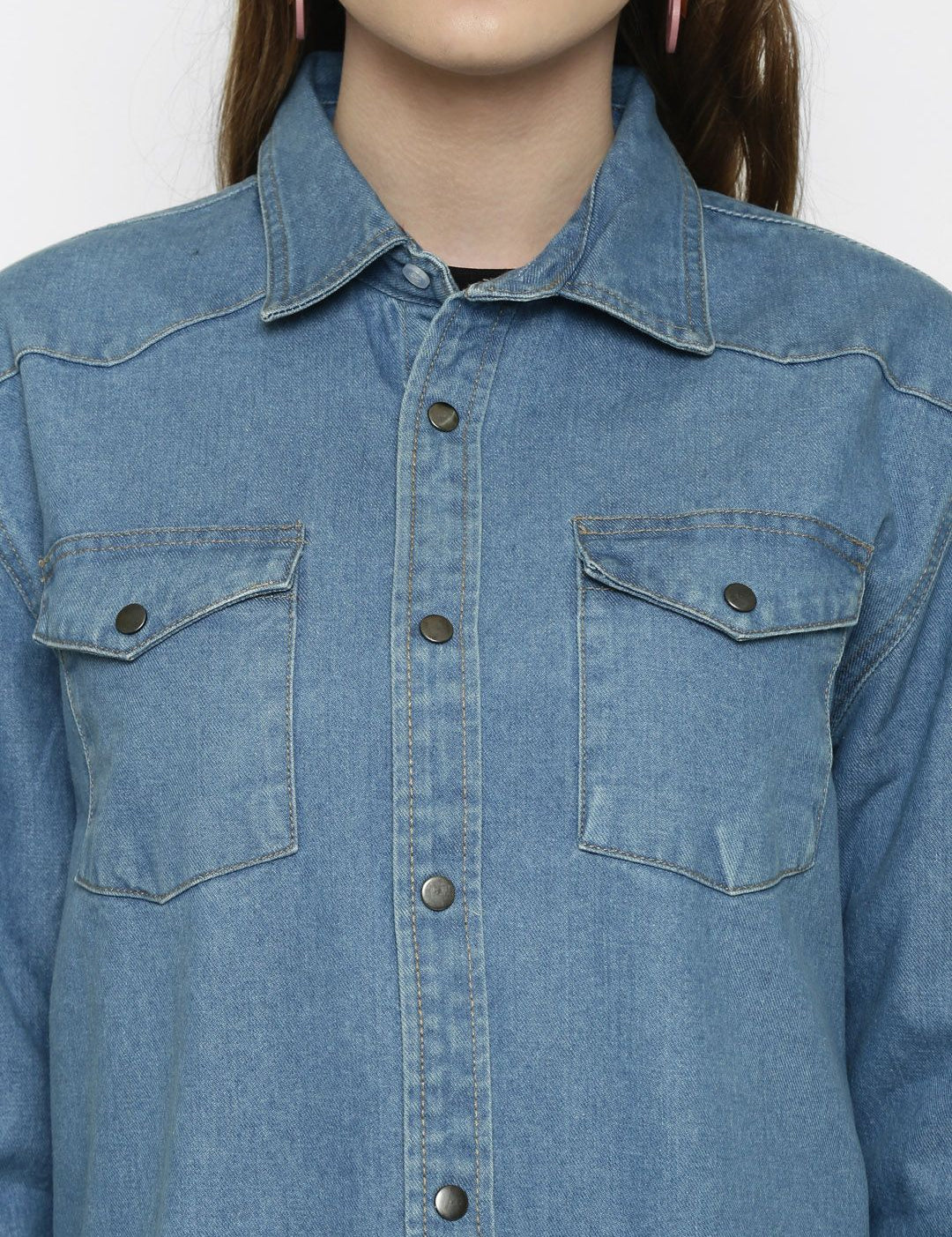Kotty Women Blue Solid Oversized Longline Denim Jacket