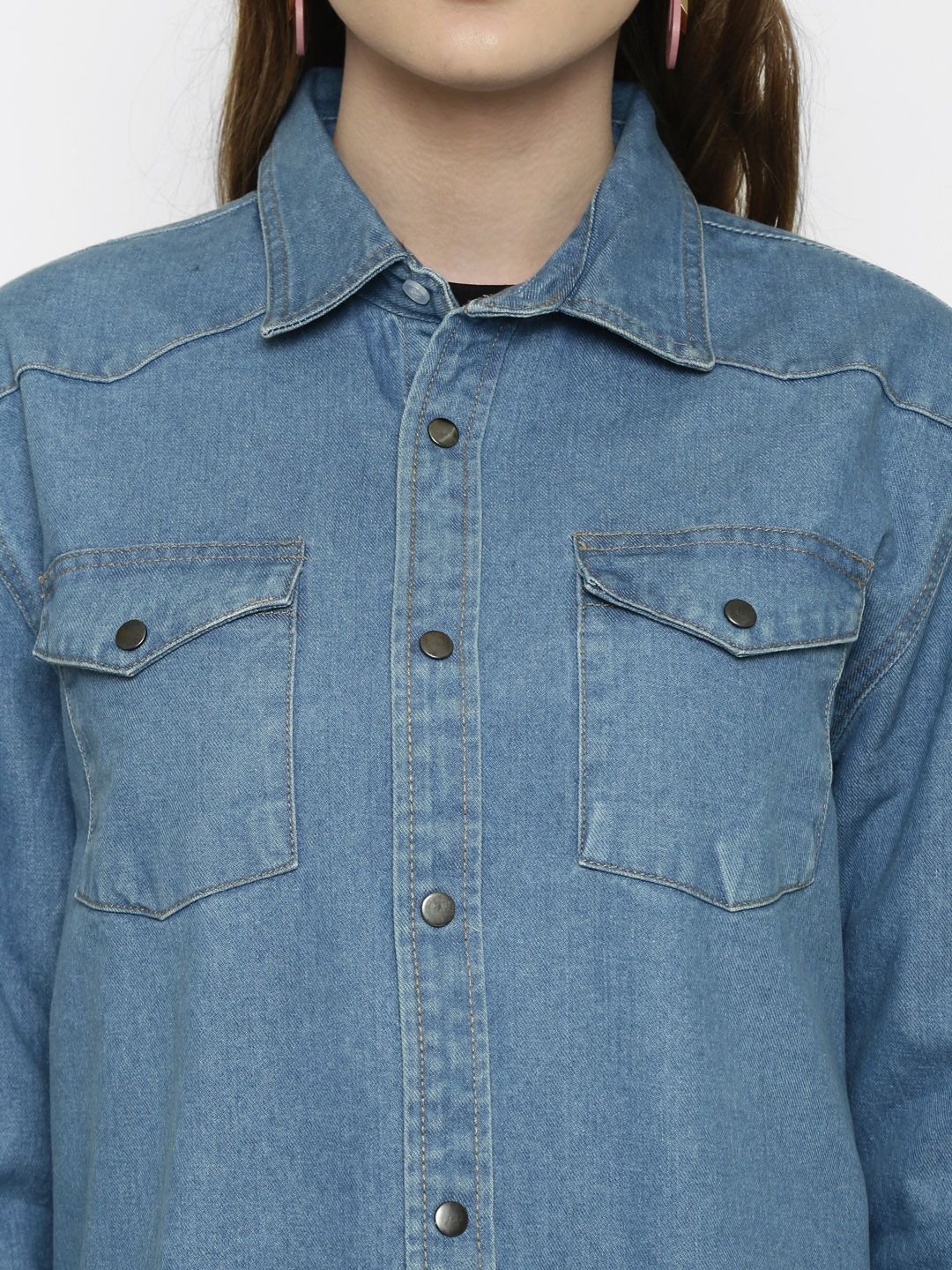 Kotty Women Blue Solid Oversized Longline Denim Jacket