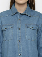 Kotty Women Blue Solid Oversized Longline Denim Jacket