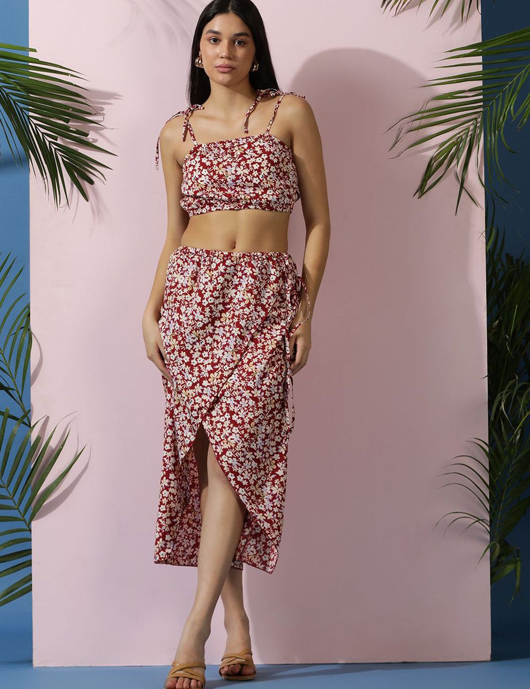 Kotty Red Floral Printed Shoulder Straps Top With Skirt