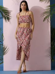 Kotty Red Floral Printed Shoulder Straps Top With Skirt
