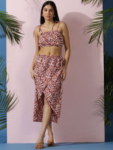 Kotty Red Floral Printed Shoulder Straps Top With Skirt