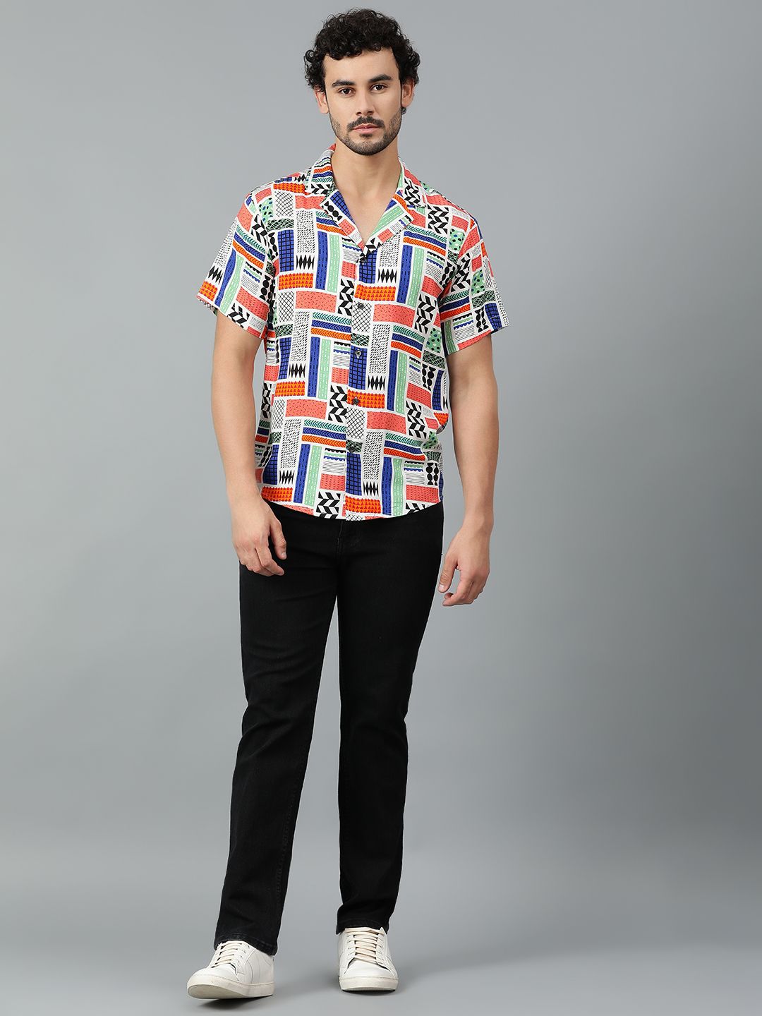 Kotty Men Cuban Collar Abstract Printed Casual Shirt