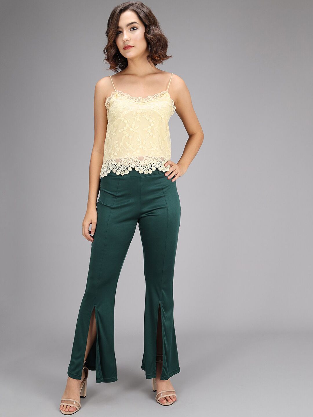 Kotty Women Olive Green Flared High-Rise Bootcut Trousers