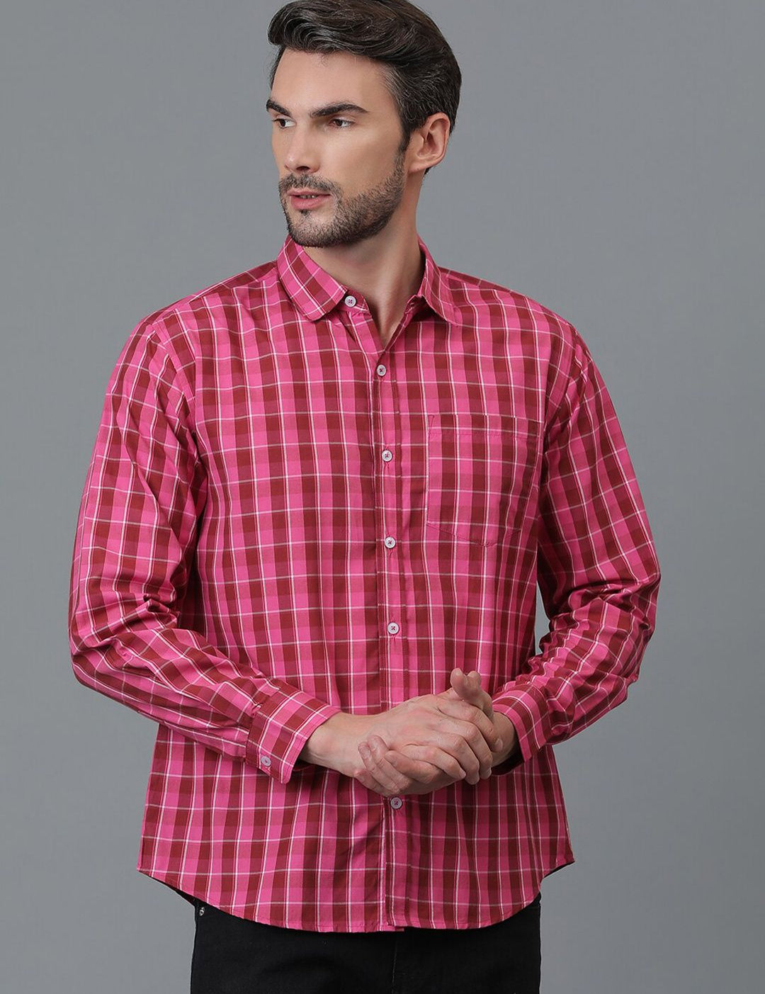 Kotty Pink & Red New Checked Spread Collar Casual Shirt