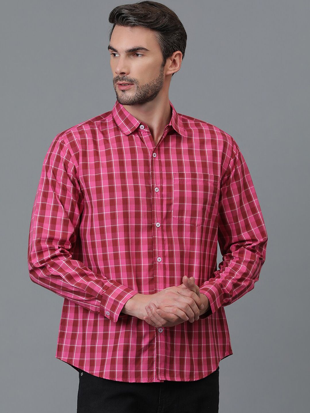 Kotty Pink & Red New Checked Spread Collar Casual Shirt