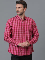 Kotty Pink & Red New Checked Spread Collar Casual Shirt