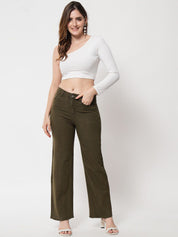 Kotty Women Olive Green Jean Straight Fit High-Rise Stretchable Jeans