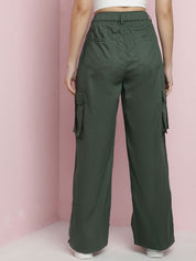 Kotty Women Solid Relaxed Straight Fit Mid-Rise Cargos Trousers