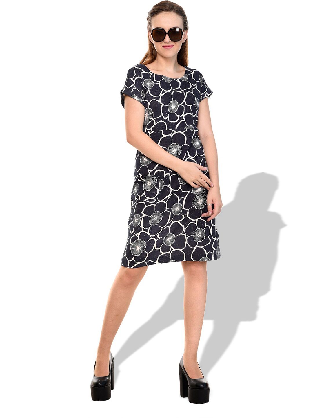 Kotty Floral Printed Boat Neck Extended Sleeves A-Line Dress