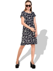 Kotty Floral Printed Boat Neck Extended Sleeves A-Line Dress