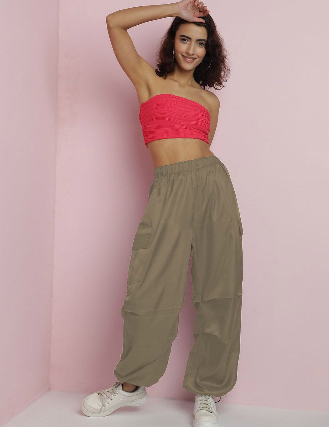 Kotty Women Straight Fit High-Rise Easy Wash Parachute Trousers