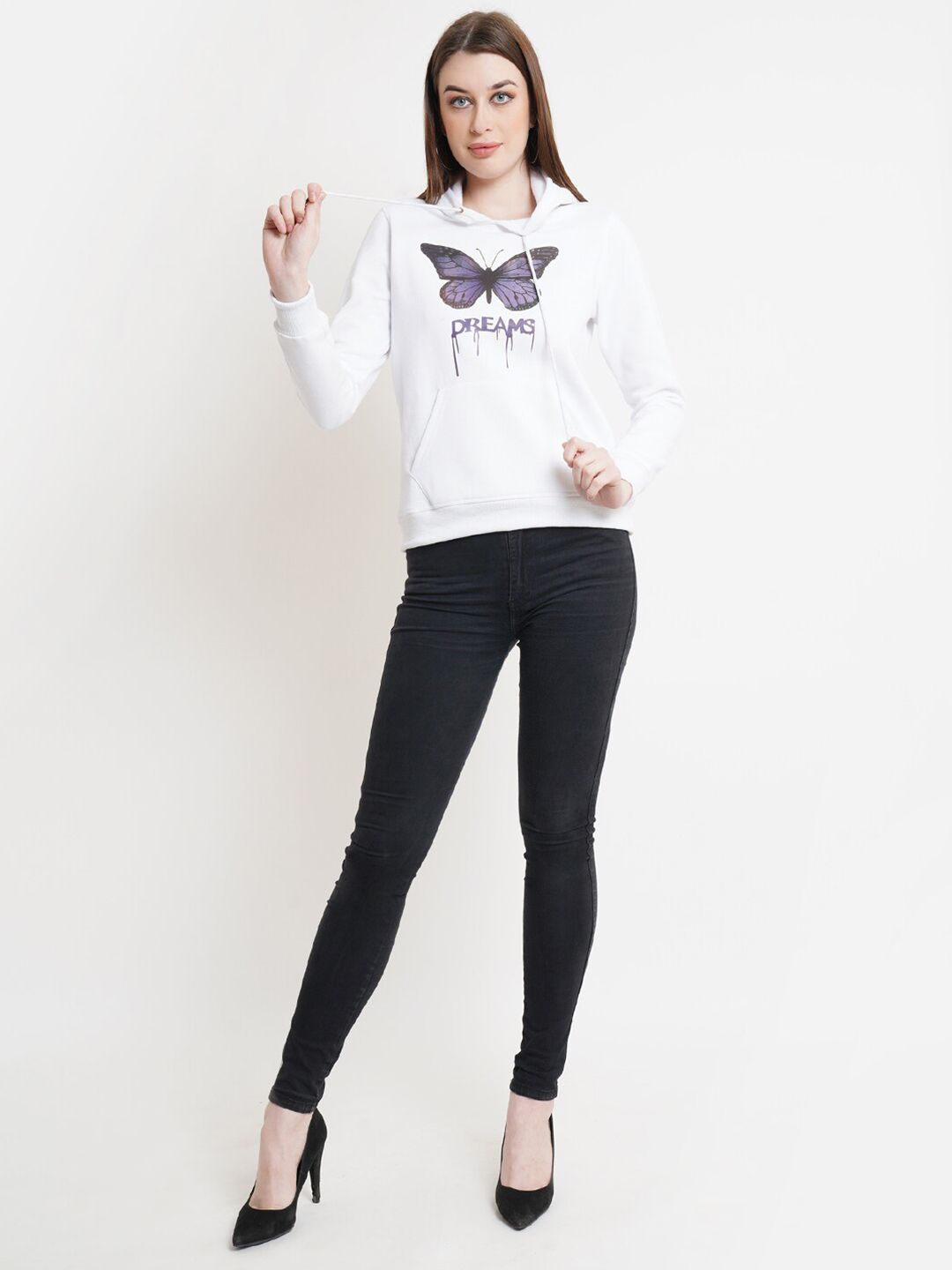 Kotty Women White Printed Hooded Sweatshirt