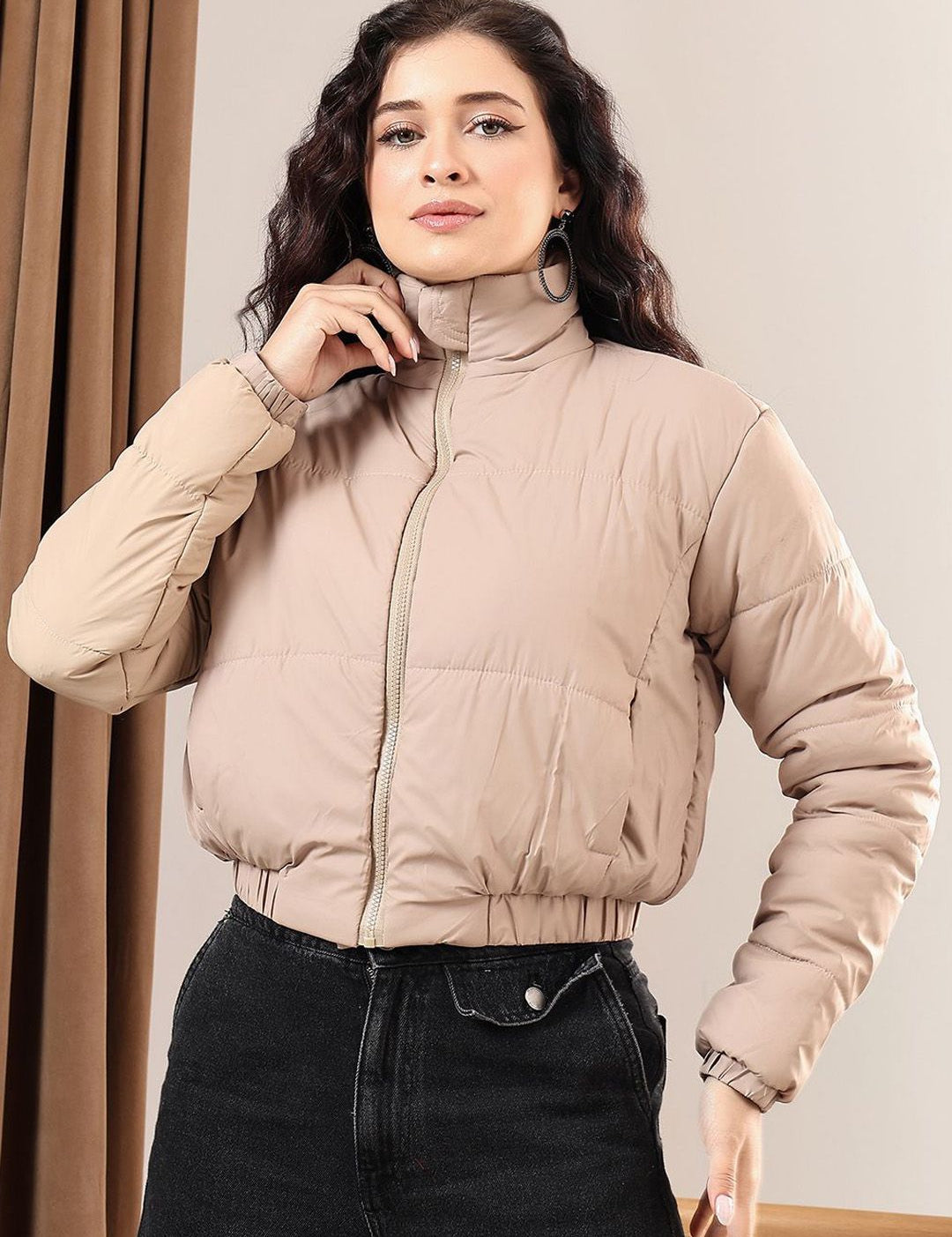 Kotty Women Mock Collar Solid Casual Puffer Insulator Jacket