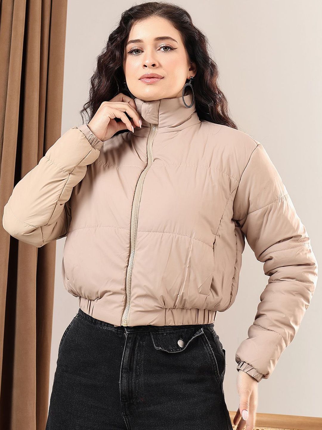 Kotty Women Mock Collar Solid Casual Puffer Insulator Jacket