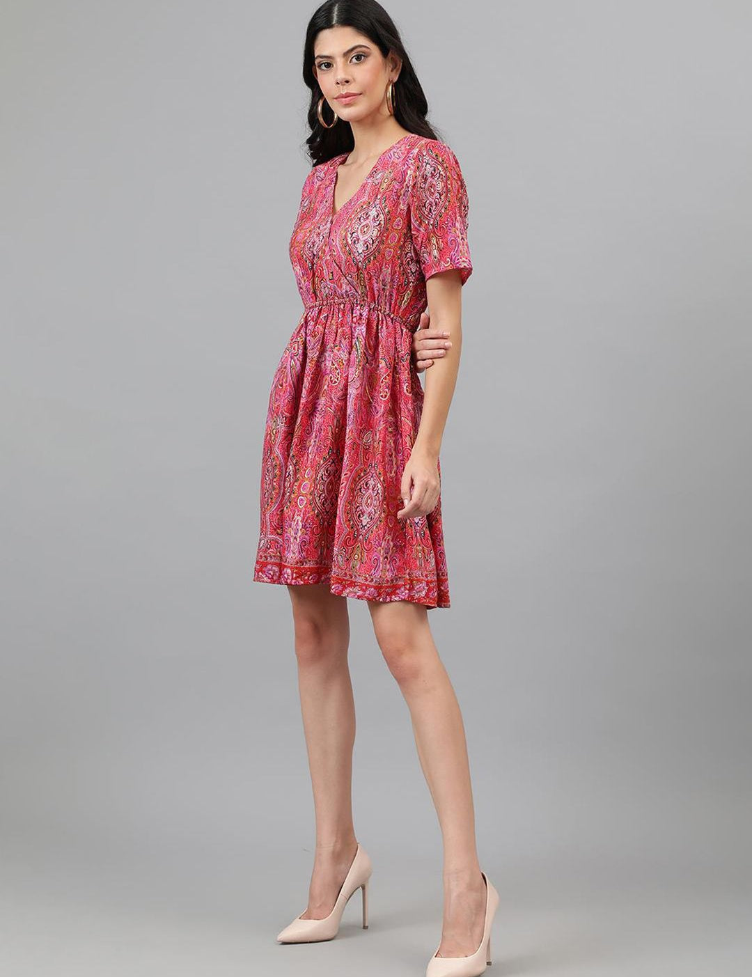 Kotty Orange And Pink Ethnic Printed V-Neck Blouson Dress
