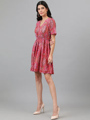 Kotty Orange And Pink Ethnic Printed V-Neck Blouson Dress