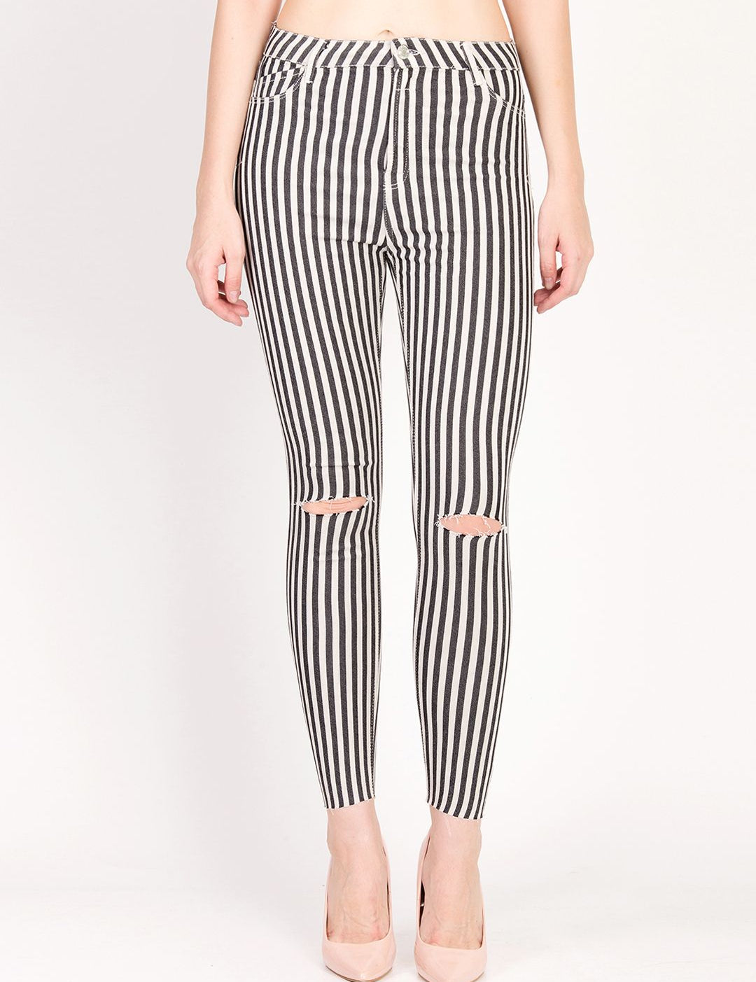 Kotty Women White and Black Striped Skinny Fit High-Rise Distress Jeans