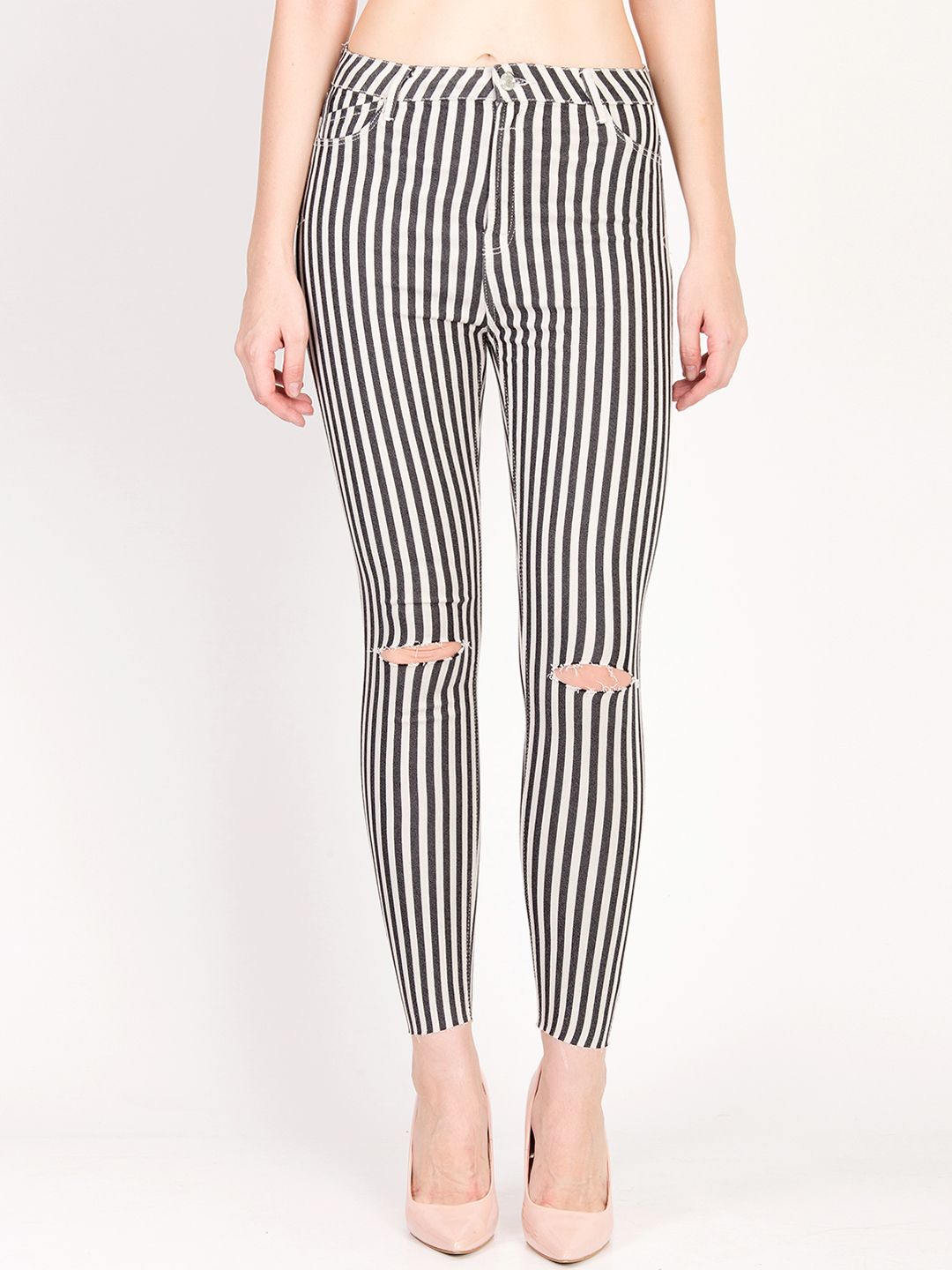 Kotty Women White and Black Striped Skinny Fit High-Rise Distress Jeans