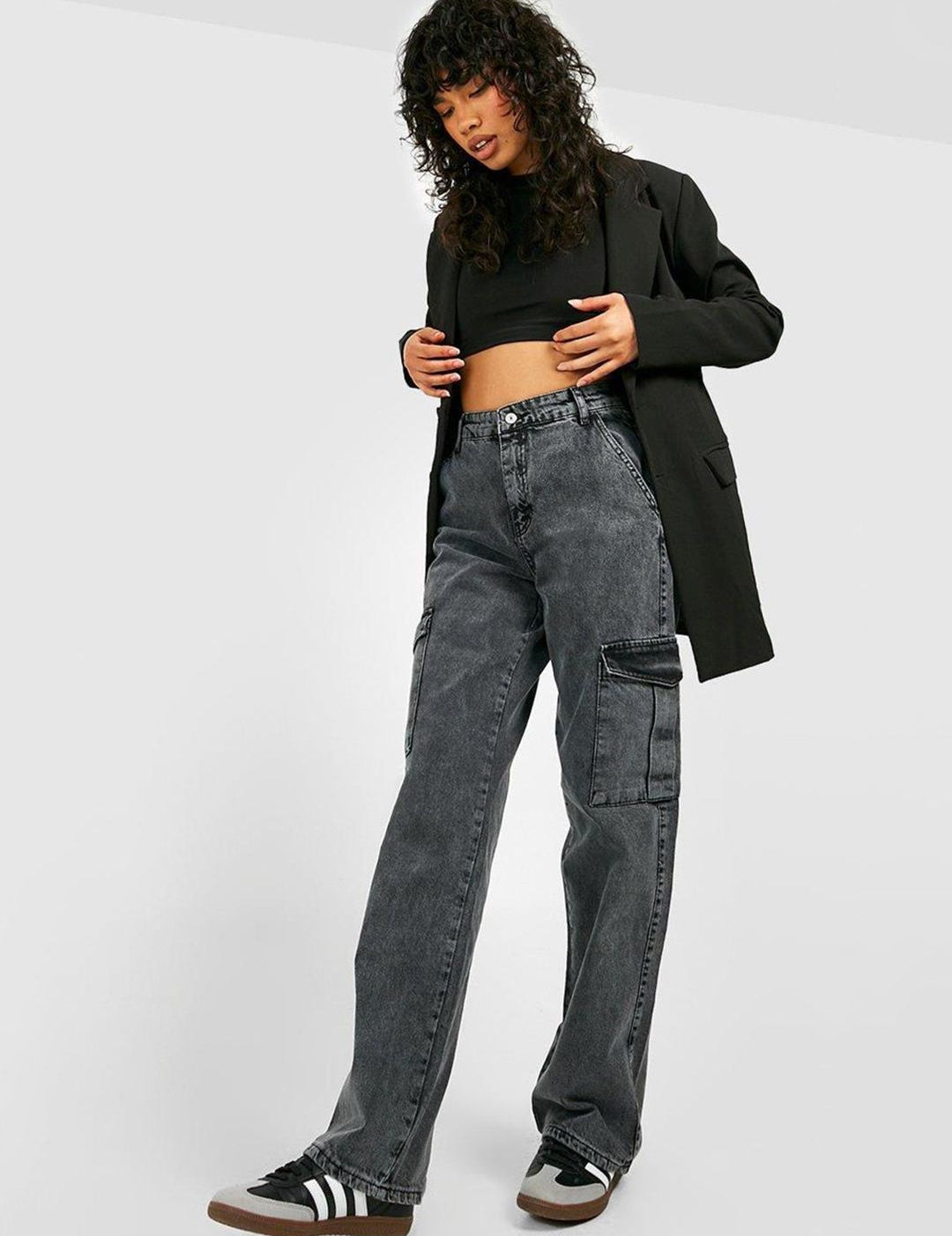 Kotty Women Grey Jean Straight Fit High Rise Stretchable Cargo Jeans