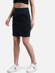 Kotty Women Navy Blue Solid Denim Straight Mini Skirt