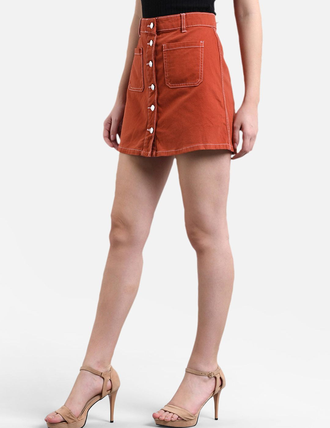 Kotty Women Orange Solid Mini Denim A-Line Skirt
