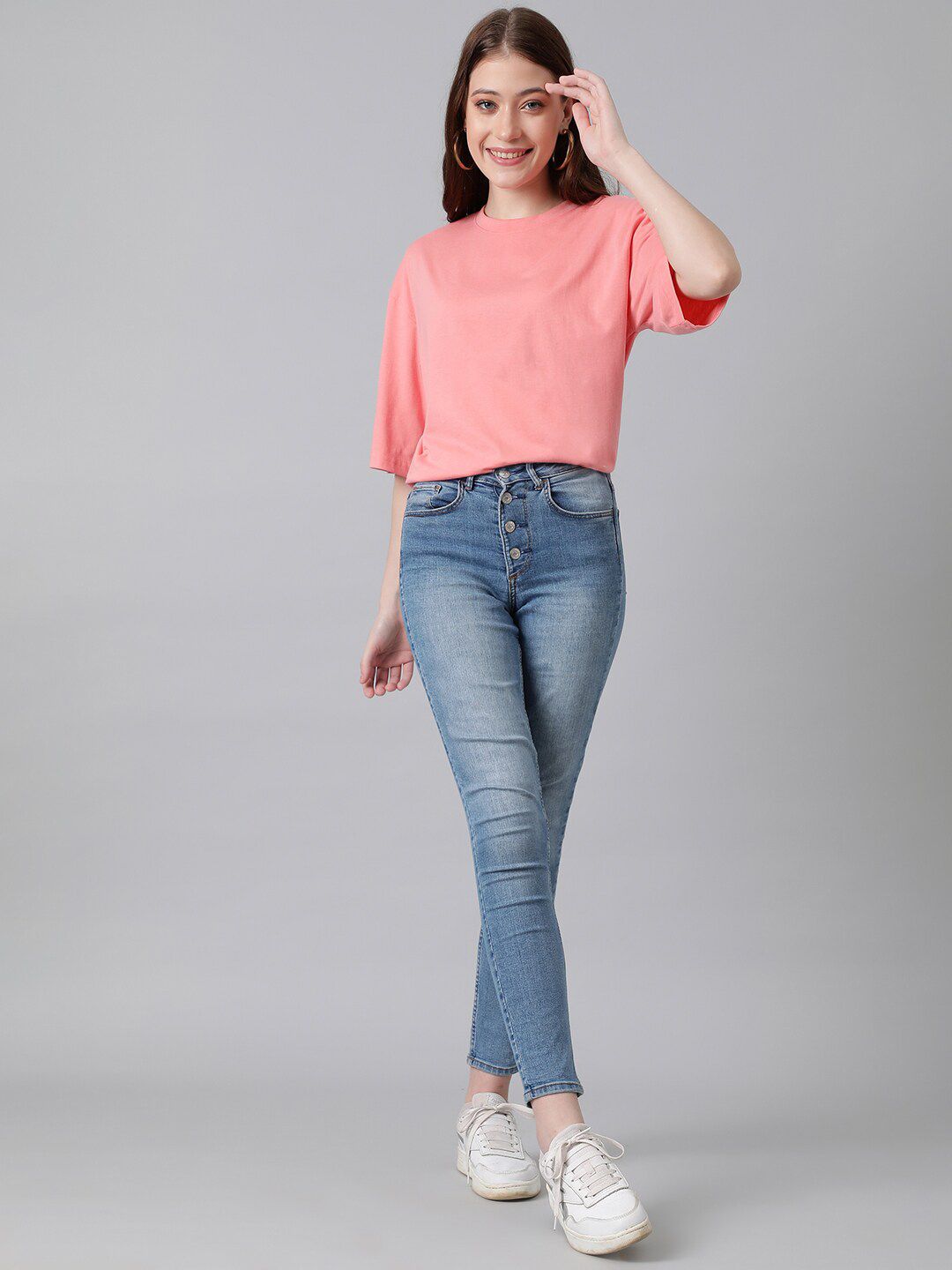 KOTTY Basics Pink Round Neck Oversized T-shirt