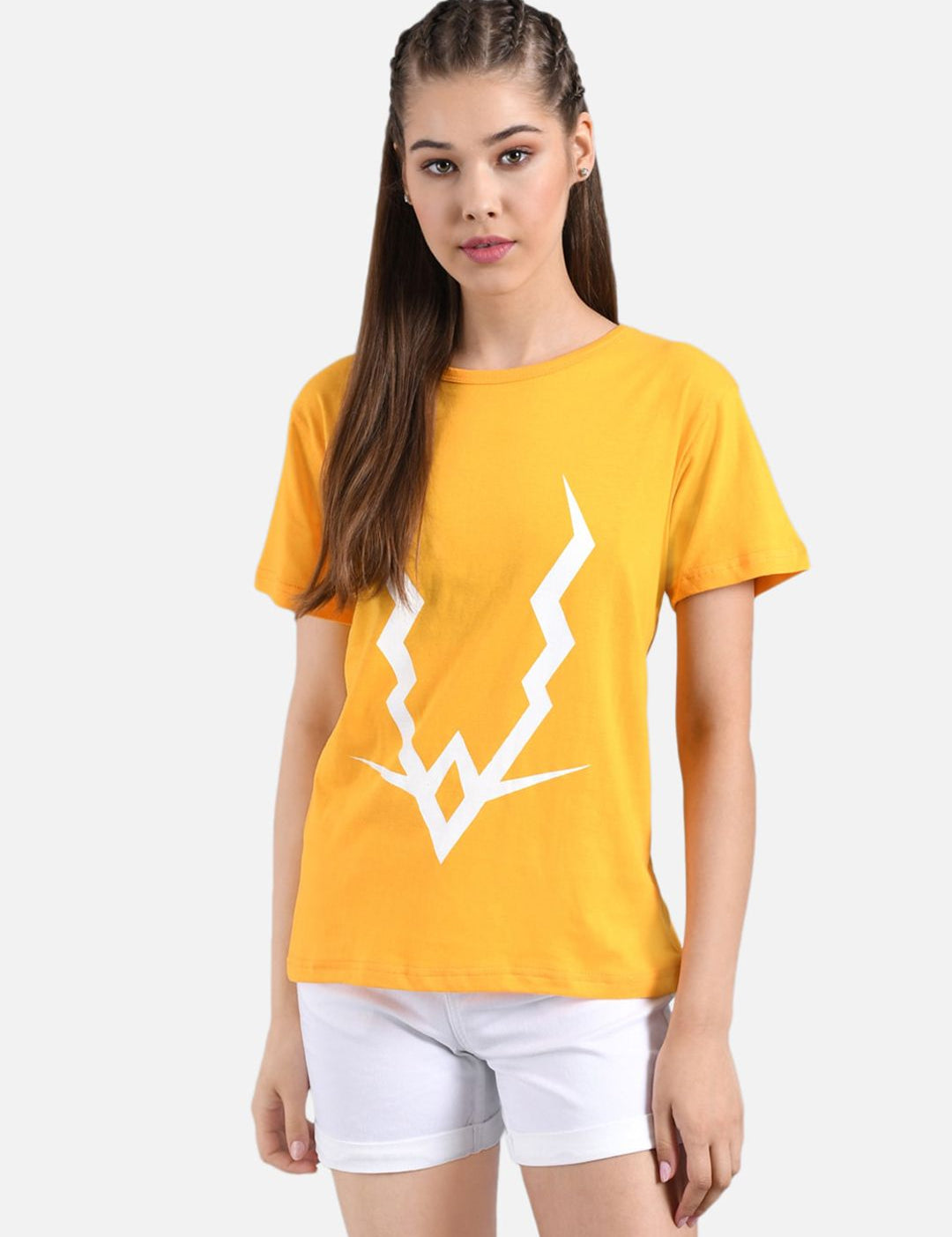 Kotty Women Mustard Yellow & White Printed Round Neck T-shirt