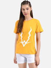 Kotty Women Mustard Yellow & White Printed Round Neck T-shirt
