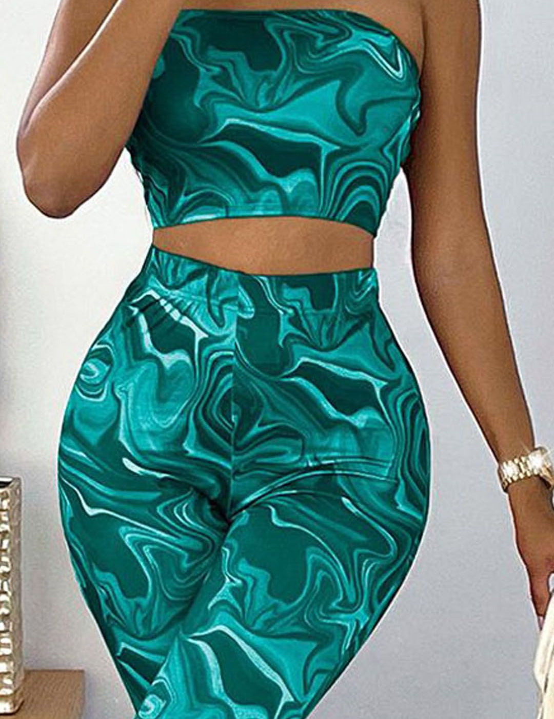 Kotty Teal Green Abstract Printed Strapless Top With Tights  