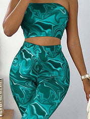 Kotty Teal Green Abstract Printed Strapless Top With Tights  
