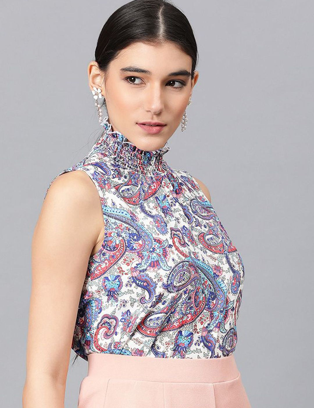 Kotty Floral Printed High Neck Sleeveless Crepe Top