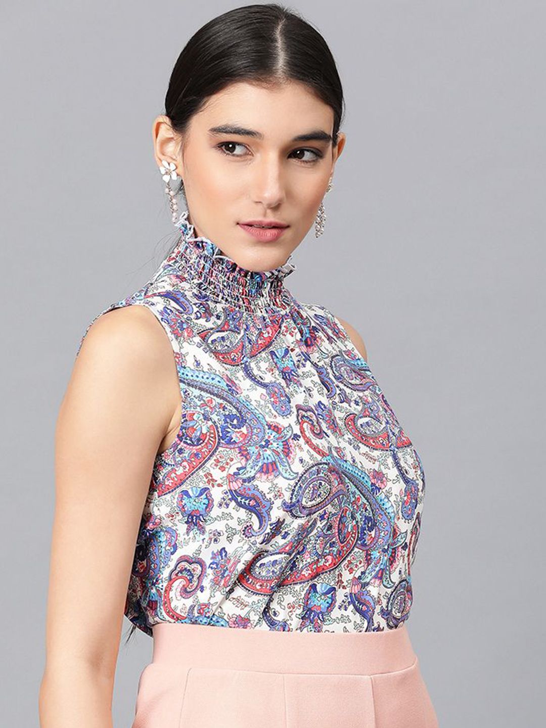 Kotty Floral Printed High Neck Sleeveless Crepe Top