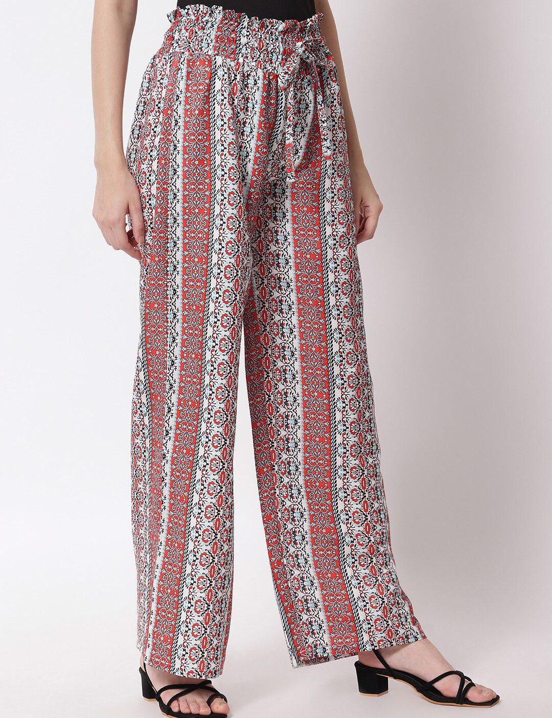 Kotty Women Red & White Printed Relaxed High-Rise Easy Wash Trousers