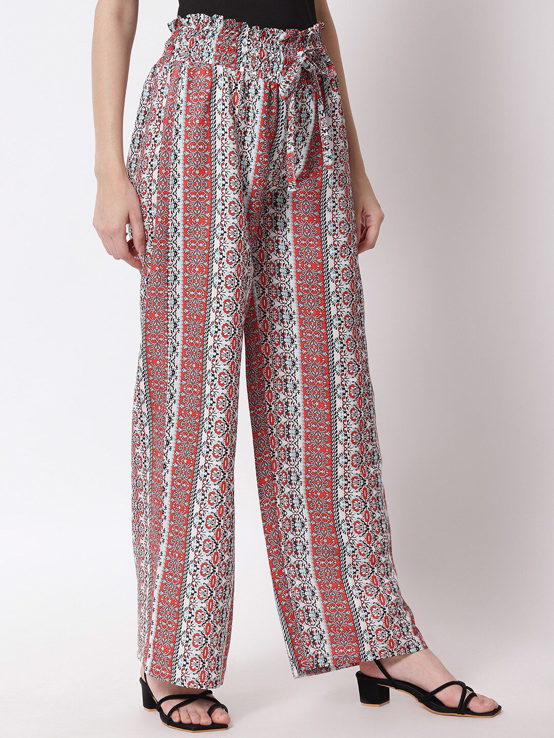 Kotty Women Red & White Printed Relaxed High-Rise Easy Wash Trousers