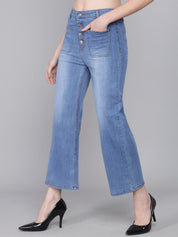 Kotty Women Blue Flared High-Rise Heavy Fade Jeans