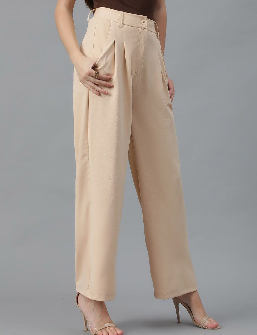 KOTTY BIZwear Women Beige Relaxed Straight Leg High-Rise Easy Wash Parallel Trousers