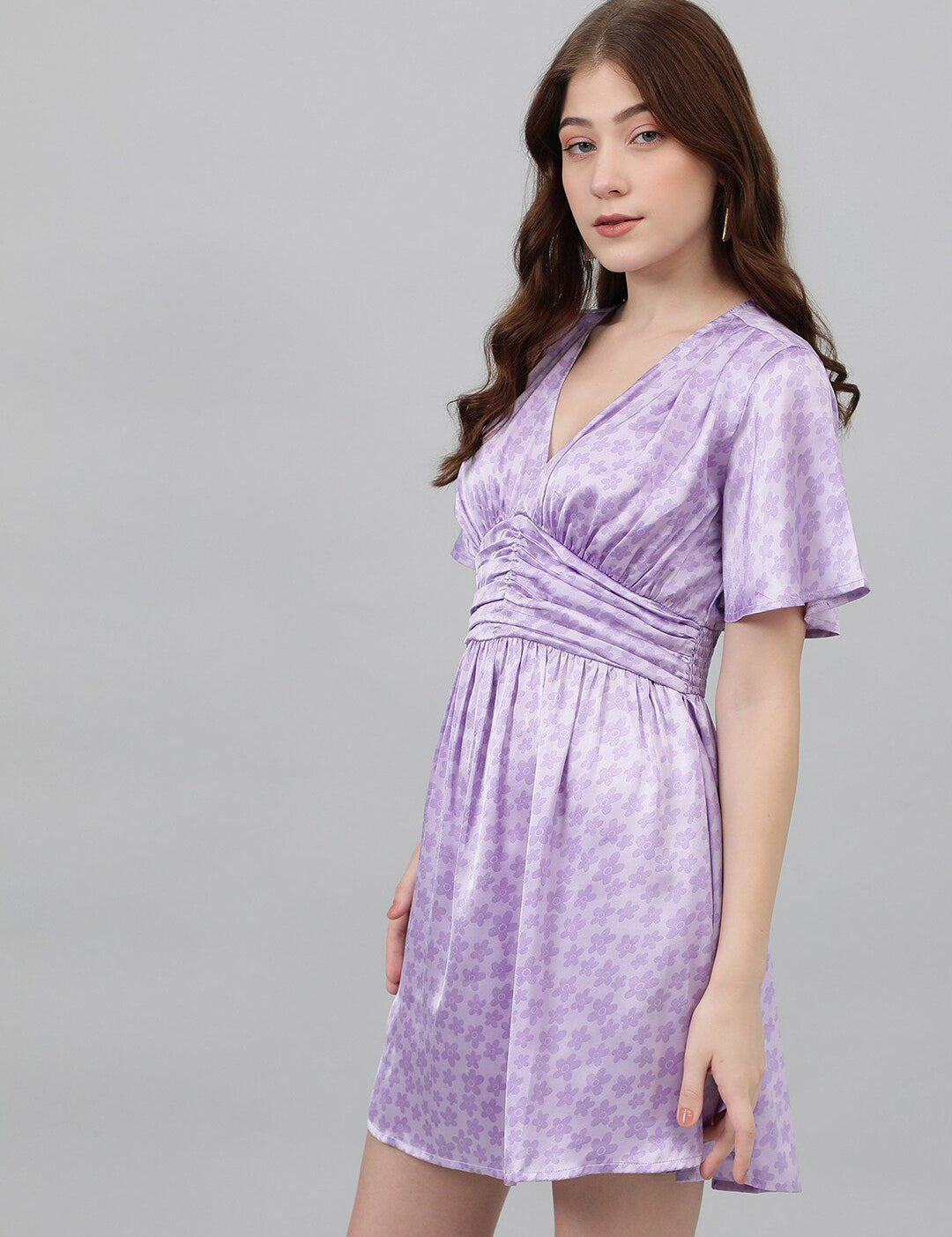 Kotty Lavendor Floral Printed V-Neck Satin Fit & Flare Dress