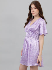 Kotty Lavendor Floral Printed V-Neck Satin Fit & Flare Dress