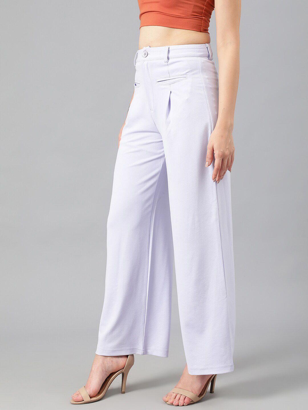 Kotty Women White Relaxed Straight Leg Fit High-Rise Easy Wash Pleated Parallel Trousers