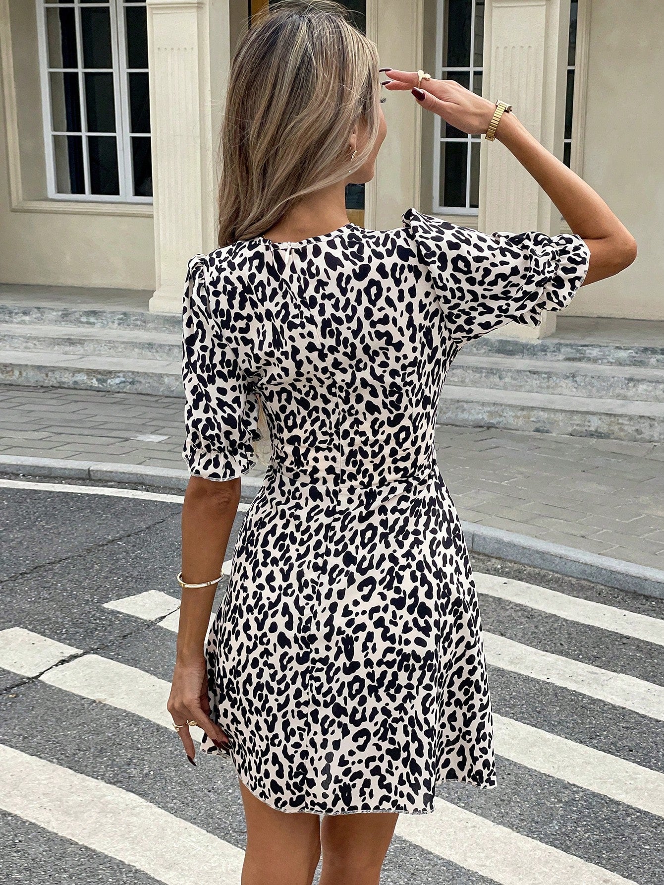 Women's Leopard Print V-Neck Wrap Style Mini Dress with Short Puff Sleeves