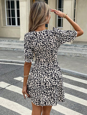 Women's Leopard Print V-Neck Wrap Style Mini Dress with Short Puff Sleeves