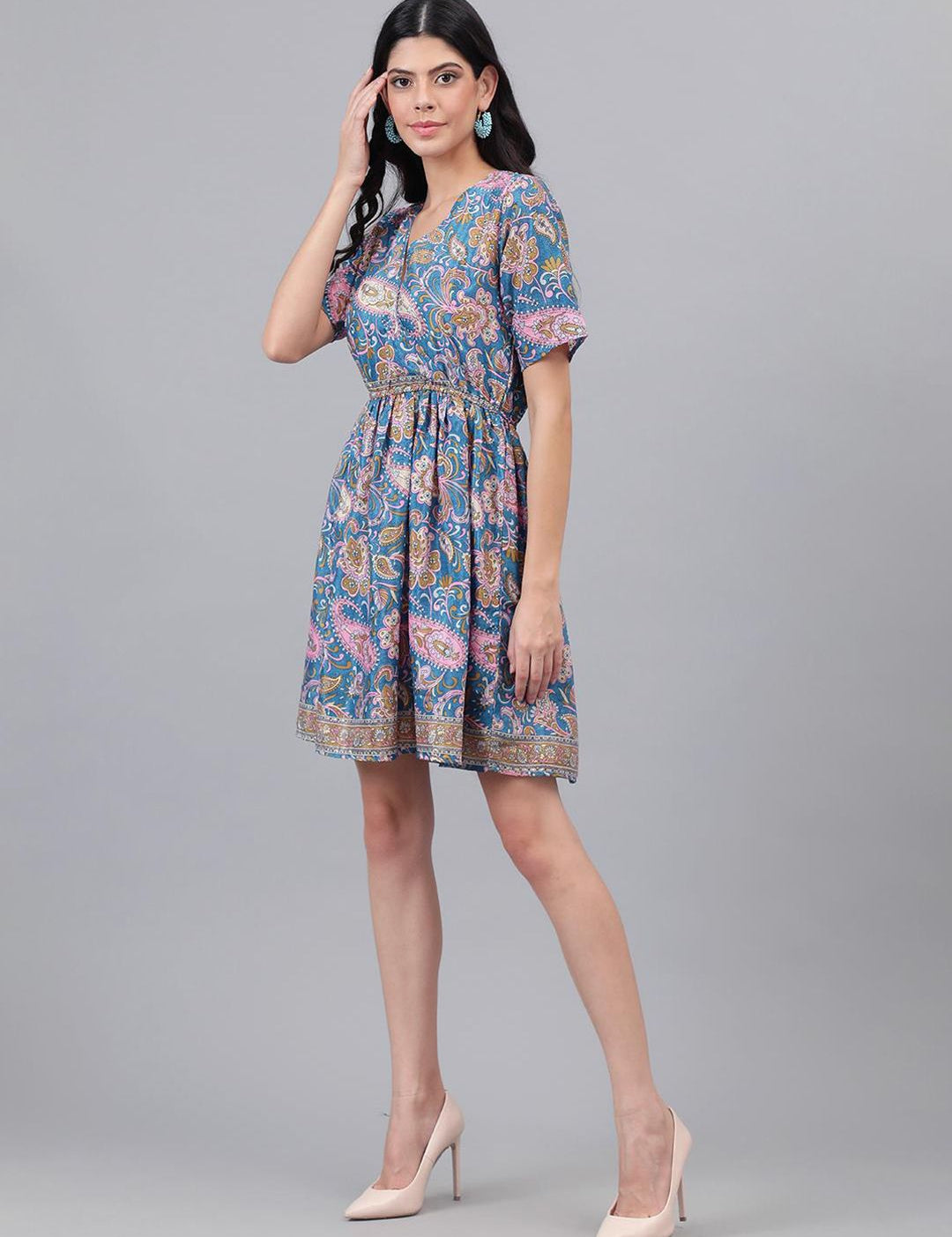 Kotty Blue And Pink Paisley Printed V-Neck Fit & Flare Dress