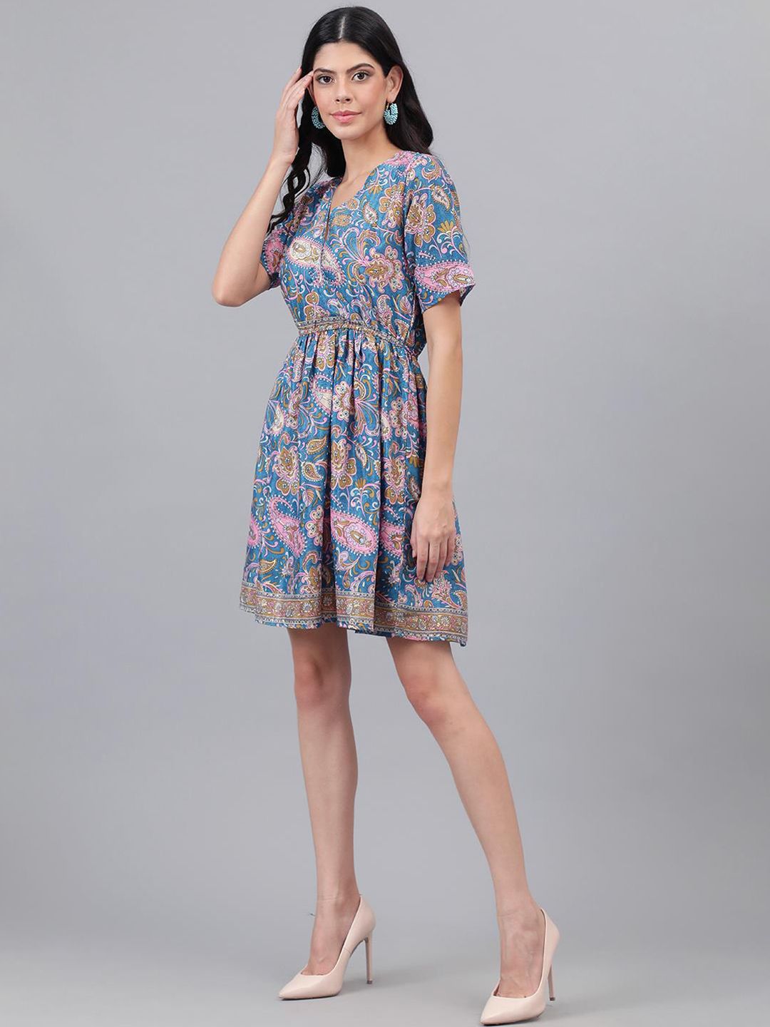 Kotty Blue And Pink Paisley Printed V-Neck Fit & Flare Dress