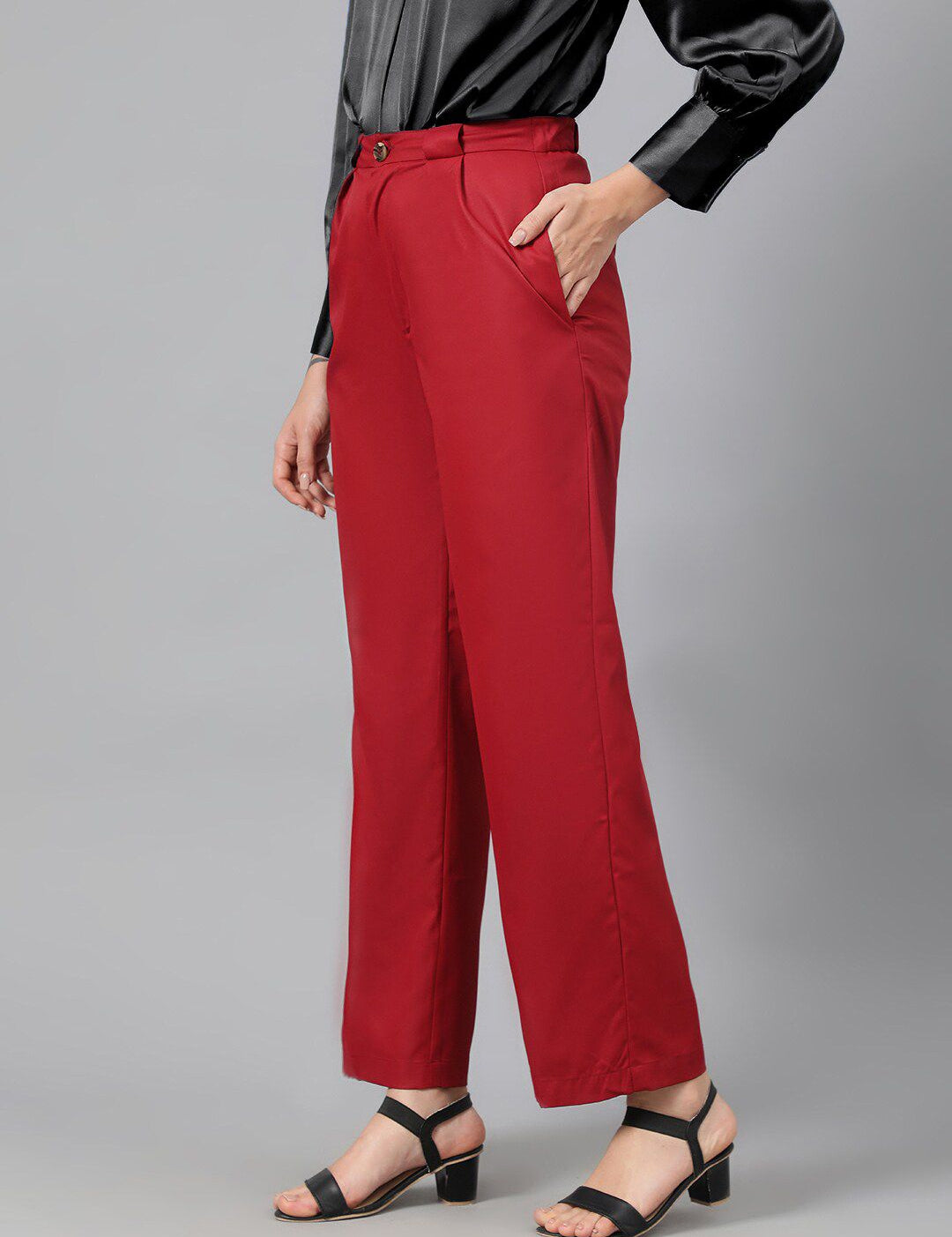 KOTTY BIZwear Women Maroon Relaxed Straight Leg Fit High-Rise Easy Wash Parallel Trousers