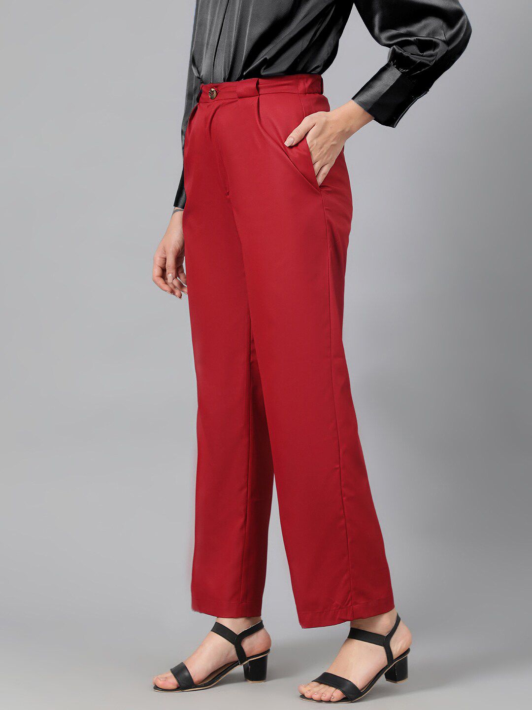 KOTTY BIZwear Women Maroon Relaxed Straight Leg Fit High-Rise Easy Wash Parallel Trousers
