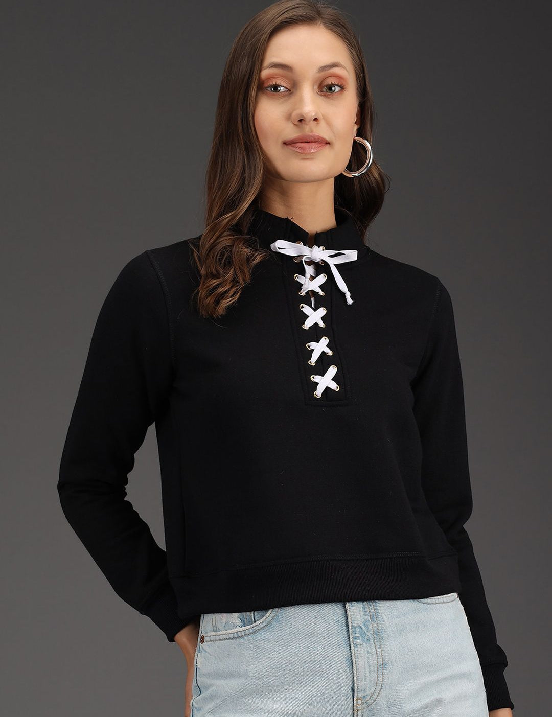 Kotty Women Black & White Solid Fleece Sweatshirt