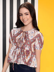 Kotty Women Printed Tie-Up Neck Puff Sleeves Top