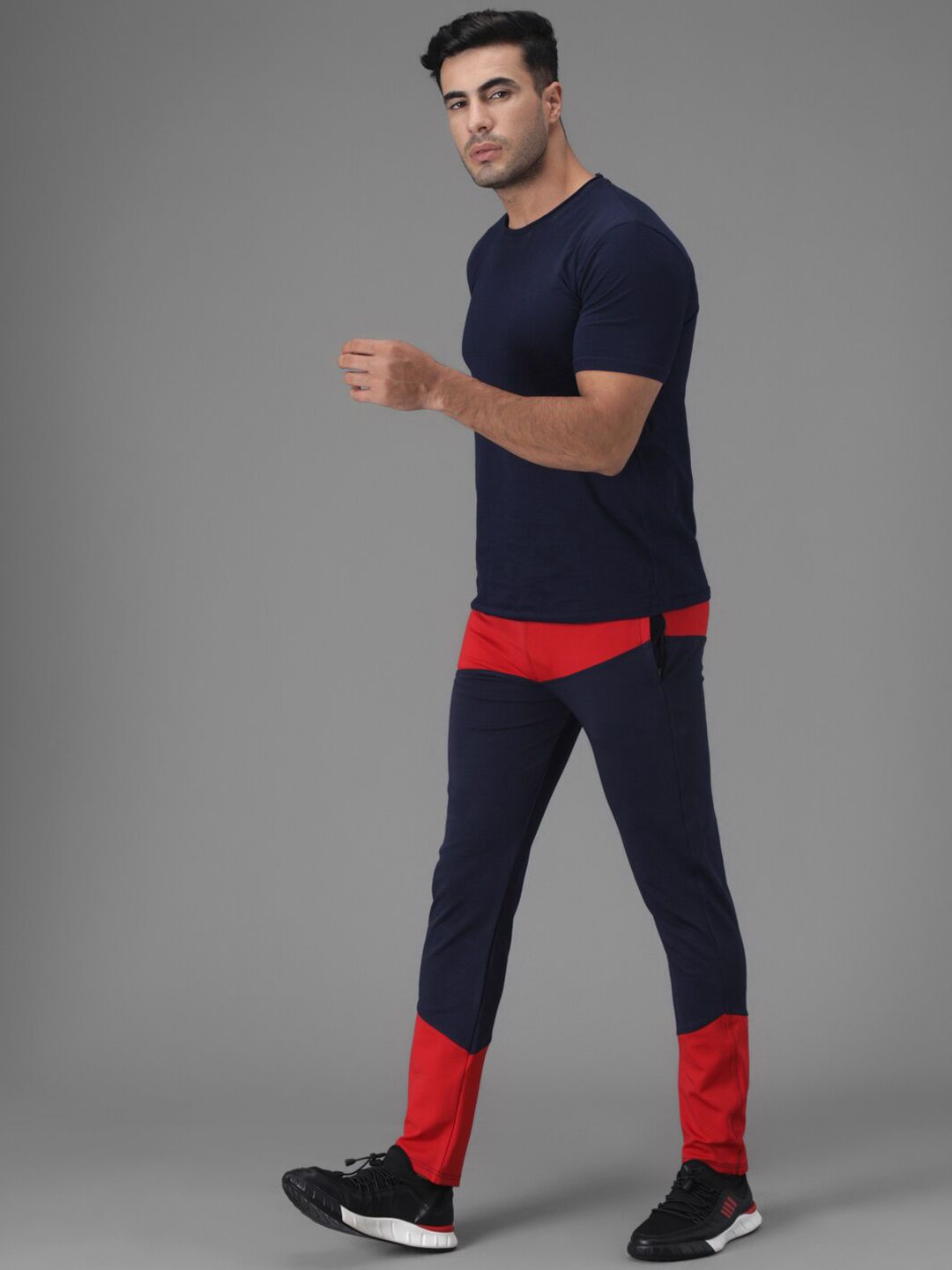 Kotty Men Navy Blue & Red Colourblocked Track Pants