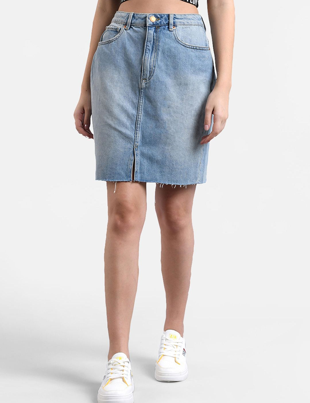 Kotty Women Blue Solid Denim Straight Mini Skirt